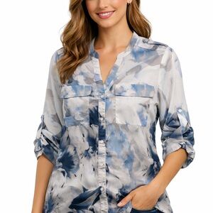 Calvin Klein Women’s Blue Gray Watercolor Blouse Roll Tab Sleeve Button Shirt M